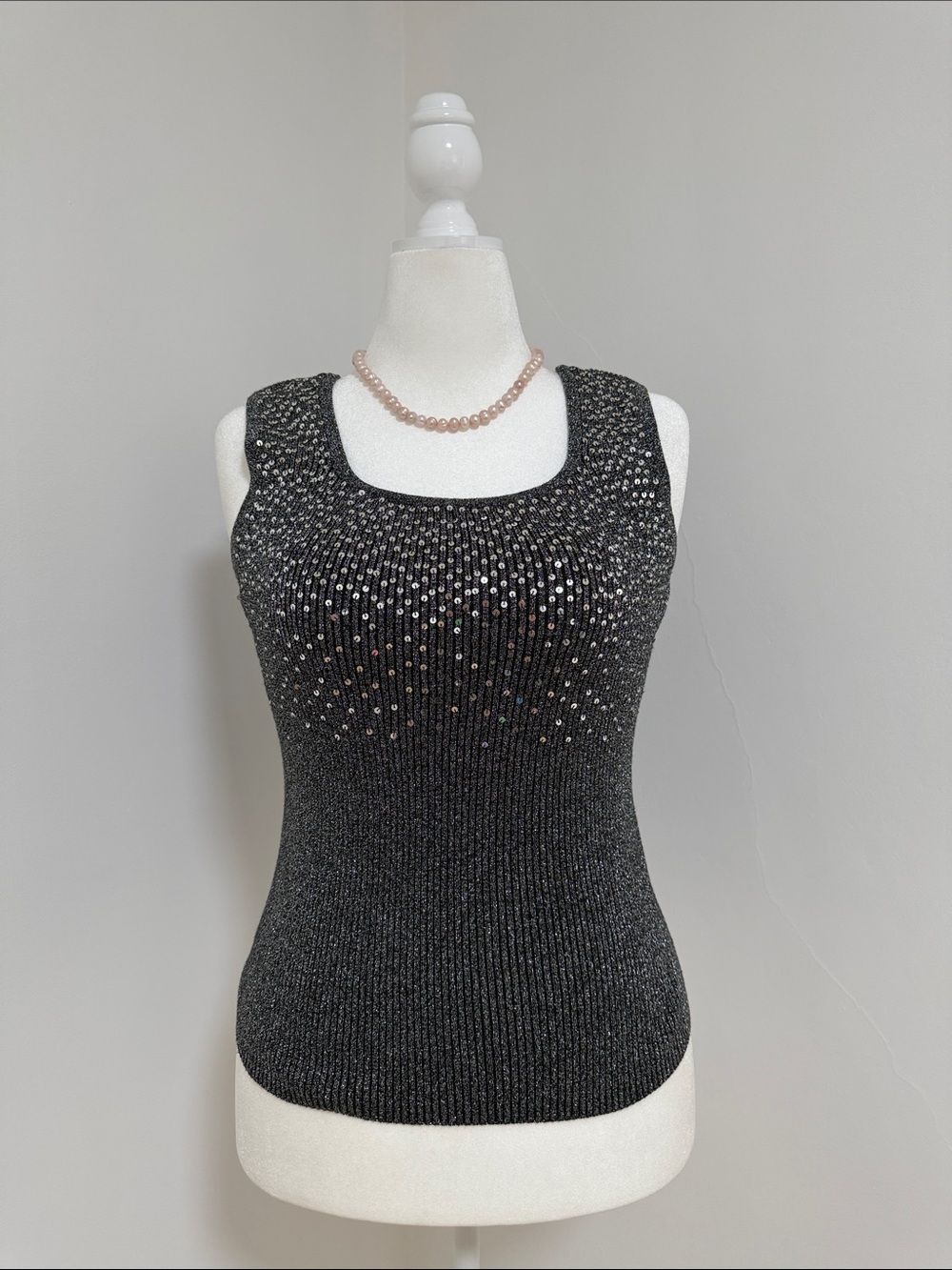 Black Sparkle Knit Tank Top with Rhinestone Accents